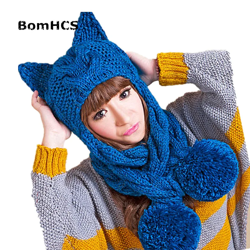 BomHCS Women Thick Cable Handmade Knitted Beanie Cat Ears Warm Hat Scarf