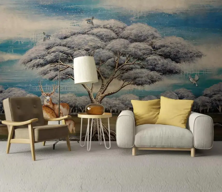 

custom 3 d wallpaper for walls Oil painting, big tree, animal 3d wallpaper abstract living room bedroom murals new decor home