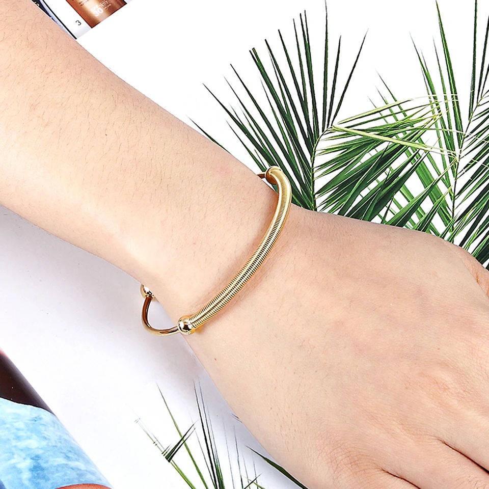 BOBASI New Bangles Spring Frosted Shape Circle Stainless Steel Bracelets & Bangles Gold Color Bracelets Jewellery For Women Gift