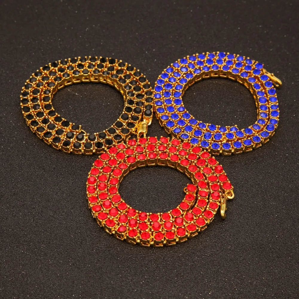 THE BLING KING  1 Row Tennis Chains Necklace For Men Iced Blue/Red/Black Colored Rhinestones Link Choker Hiphop Jewelry