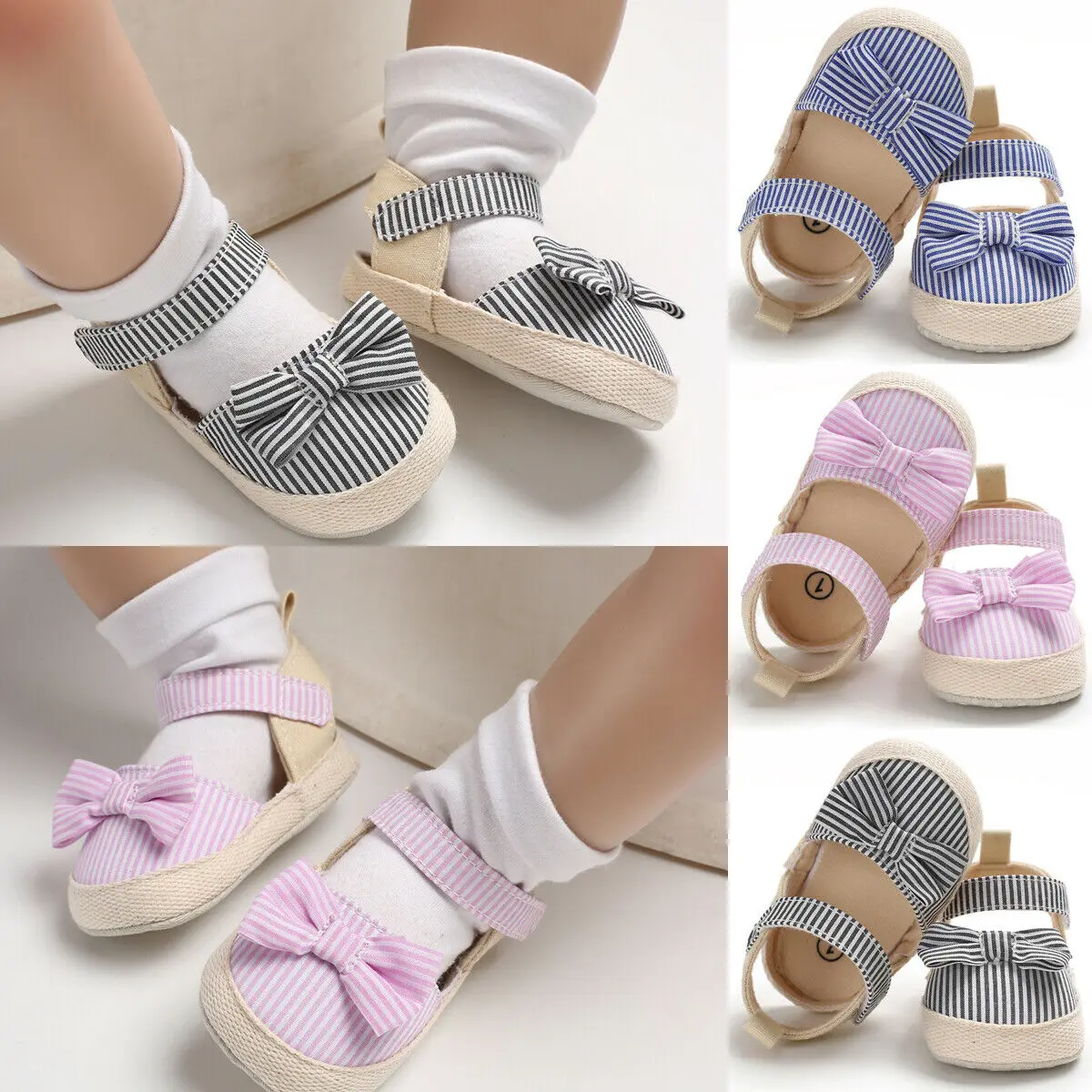 Newborn Baby Sandals Summer Toddler Girl Princess Canvas Soft Crib Shoes Bowknot Striped Shoes Prewalker Sneaker 0-18Months