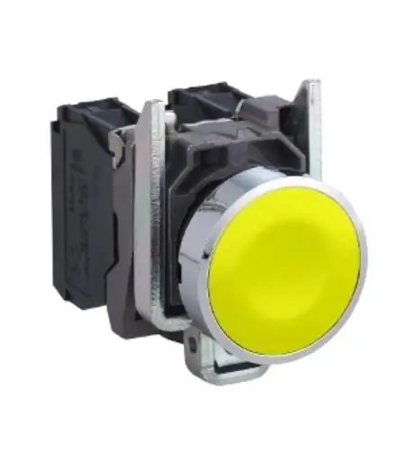 XB4BA51 = ZB4BZ101+ ZB4BA5 Push button, metal, flush, yellow, Ø22, spring return, unmarked, 1 NO