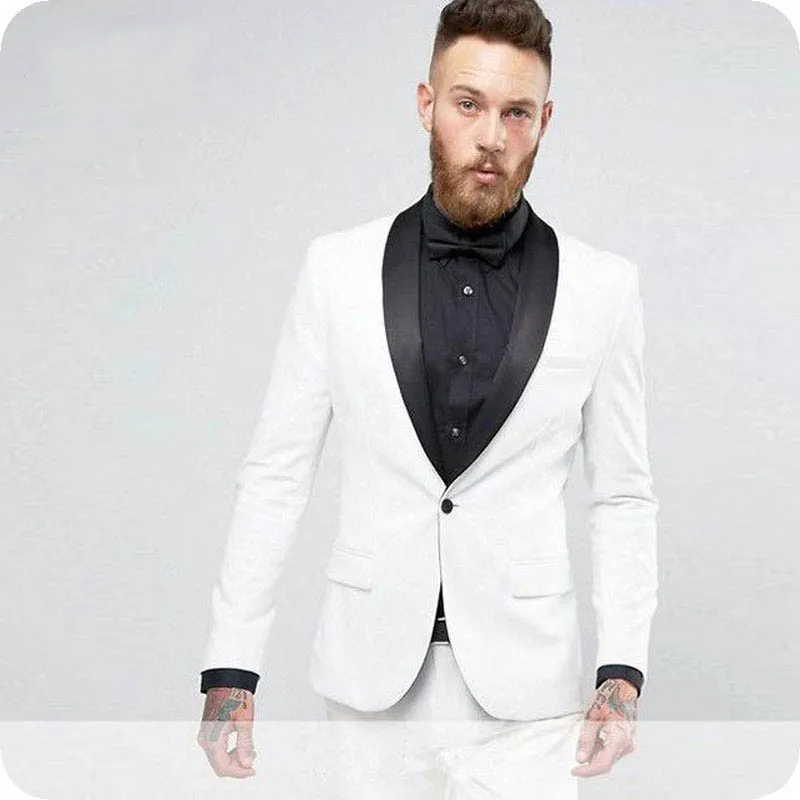 

Black Shawl Lapel White Men Suits Wedding Blazers Man Jacket Groom Tuxedos Slim Terno Masculino Costume Homme 2Piece Coat Pants