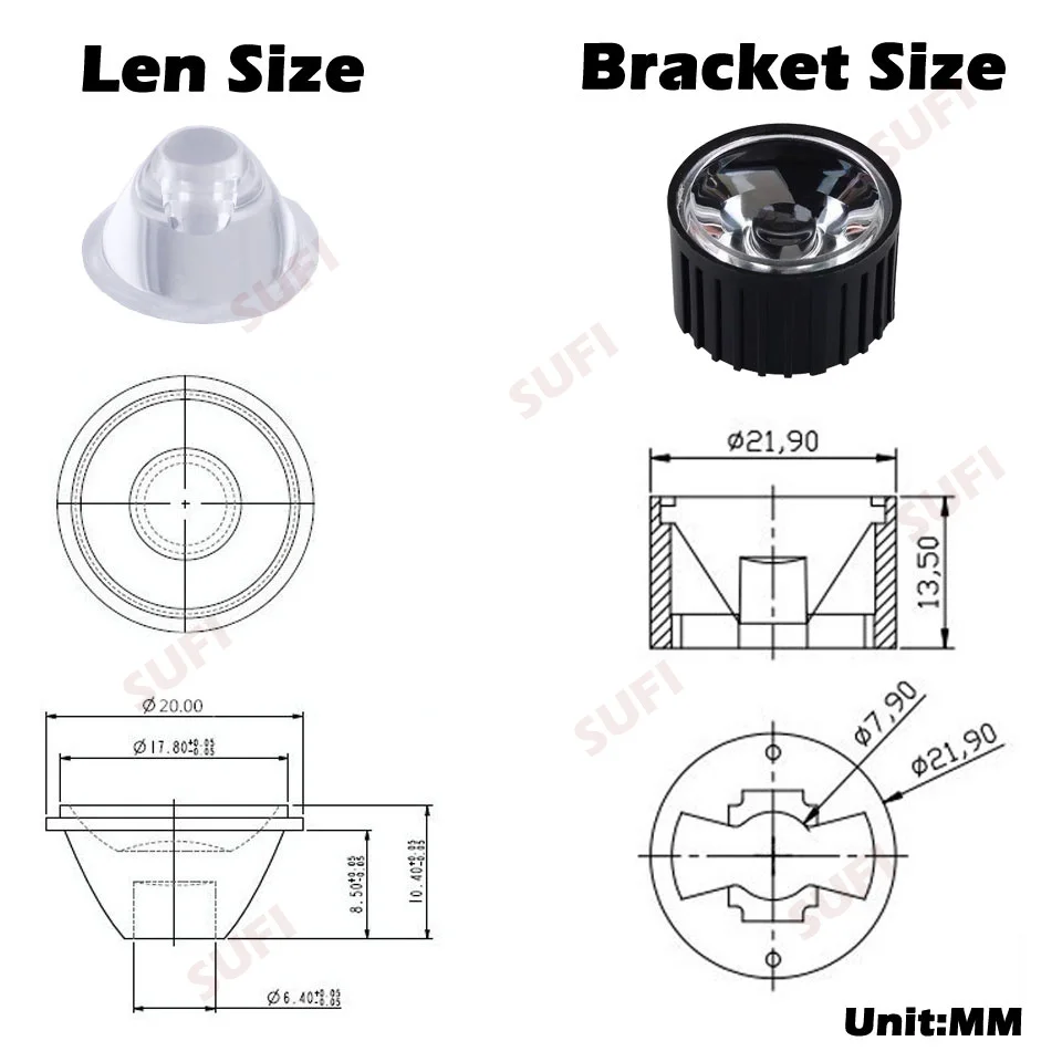 10Set 20mm 5/8/10/15/25/30/45/60/90/120 Degree LED Lens Reflector Collimator With Bracket For 1W 3W 5W High Power LED Lamp Light