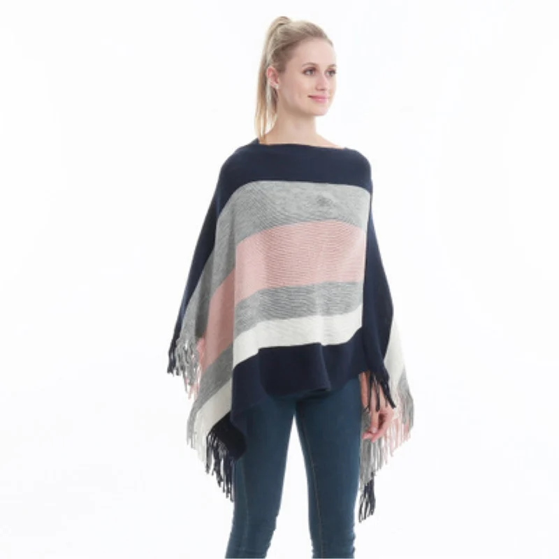 Pull Poncho épais pour femme, tricot, écharpe, manches chauve-souris, rayé, sans manches, grande taille, collection automne et hiver