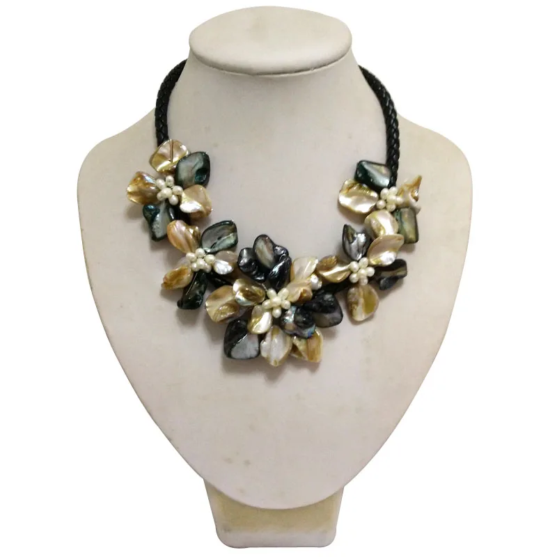 18 inches Natural Leather Cord Five Yellow&Black Double Color Shell Flower White Pearl Handmade Necklace