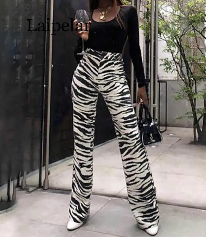 Laipelar Fashion Zebra Hewan Cetak Lebar Kaki Celana Wanita Musim Gugur Musim Dingin Kasual Celana Seksi High Waist Bell Bawah Celana