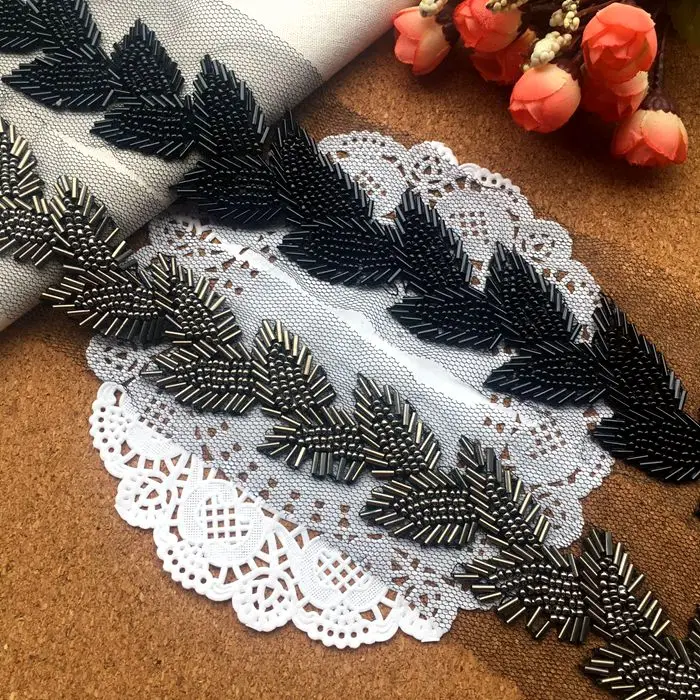 2yard/lot white/black Beaded Lace Trim Tape Fabric Ribbon DIY Collar Sewing Garment Headdress materials Leaf Lace.