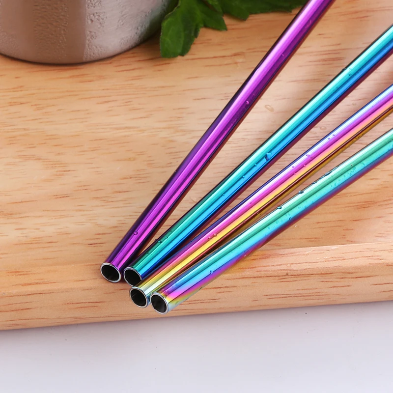 Reusable Stainless Steel Straws Eco Friendly Metal Drinking Straws Long Rainbow Bent Straight Straw Set Bar Cocktail Accessories