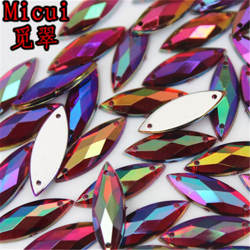 Micui 100PCS 7*21 millimetri AB Horse Eye Acrilico Strass di Cristallo della Parte Posteriore Piana Perline Cuce Sulle Pietre Per Il abbigliamento