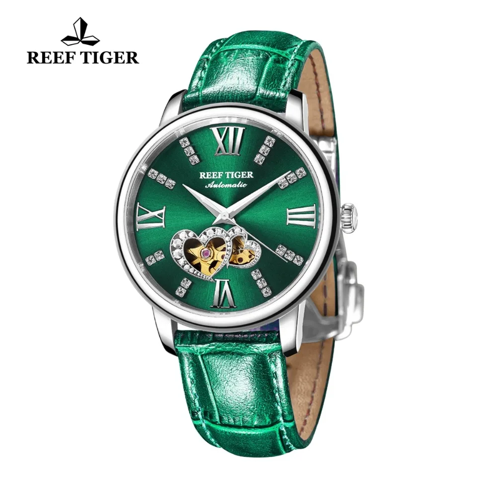 Reef tiger/rt novo design moda senhoras relógio rosa ouro verde dial relógio mecânico pulseira de couro montre femme rga1580