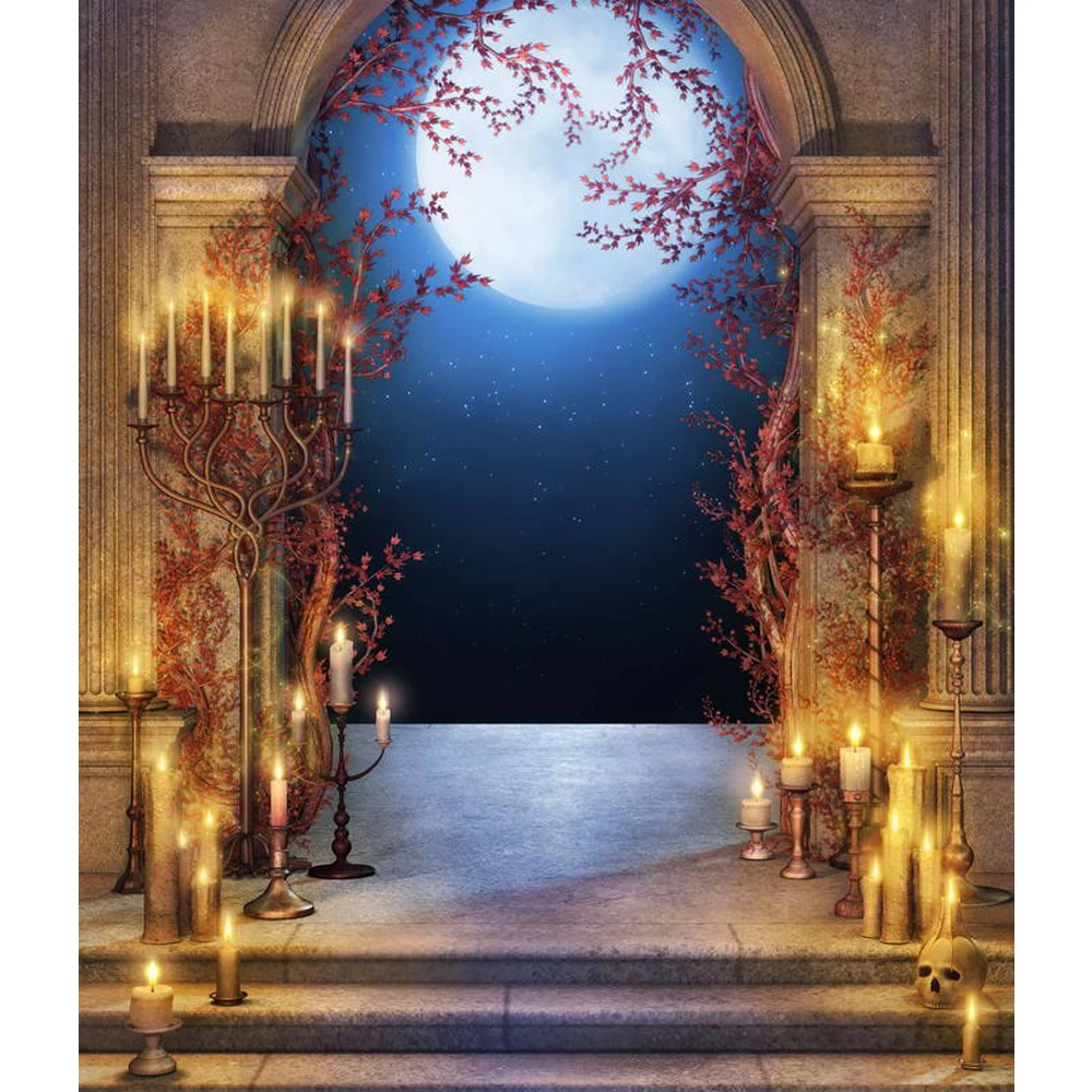 

Fairy Tale Castle Arch Door Photography Halloween Backdrop Stairs Candle Light Full Moon Night Party Photo Booth Background