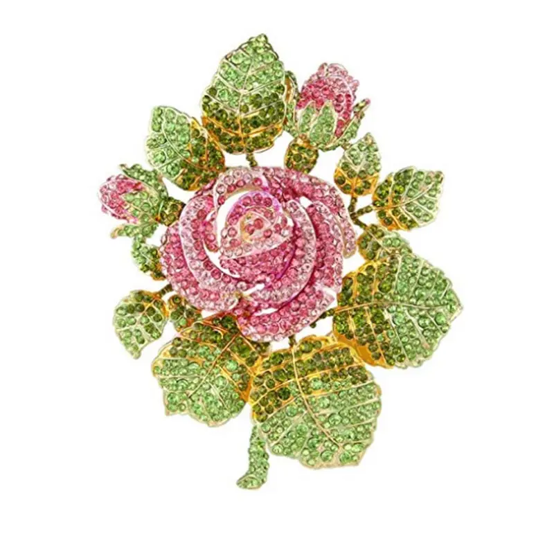 Austrian Crystal Wedding Bridal Romantic Rose Flower Leaves Brooch pin jewelry