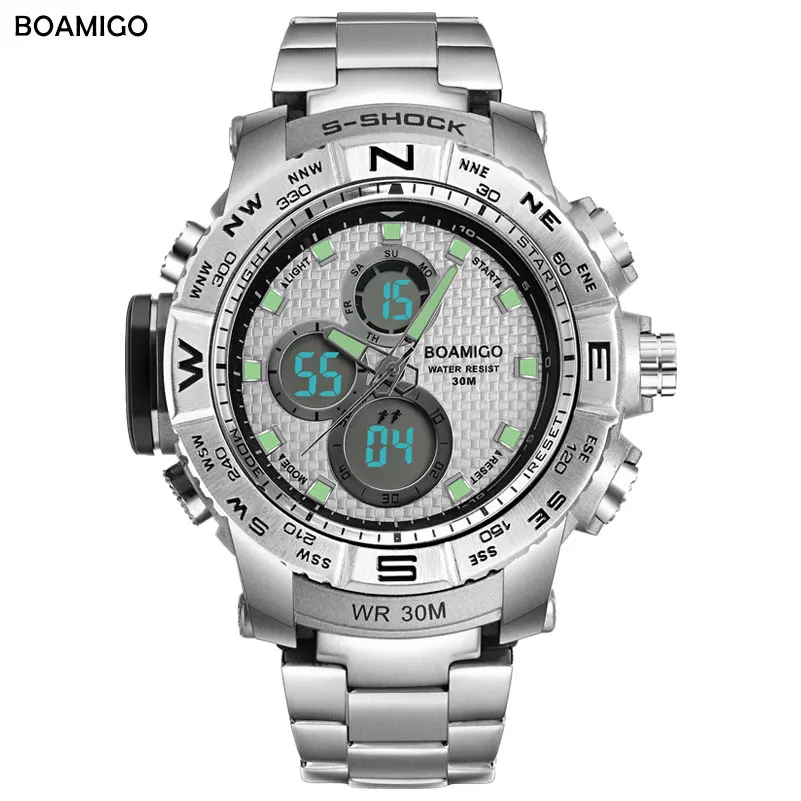 S-Shock Men Sports Watches BOAMIGO Brand Analog Digital LED Electronic Quartz Watch Steel Band 30M Waterproof Relogio Masculino