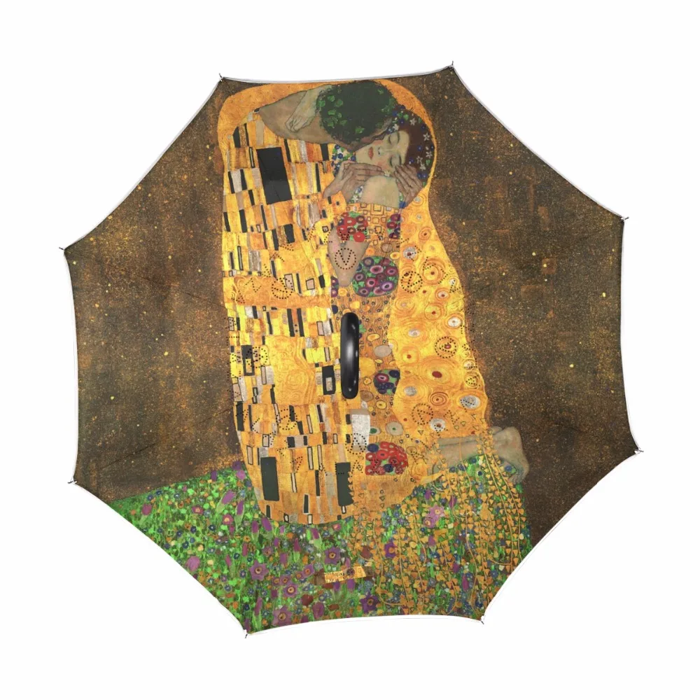 Gustav Klimt The Kiss Oil Painting Reverse Umbrella Straight Male and Female Sunny Umbrellas can Stand Long Handle Business Car