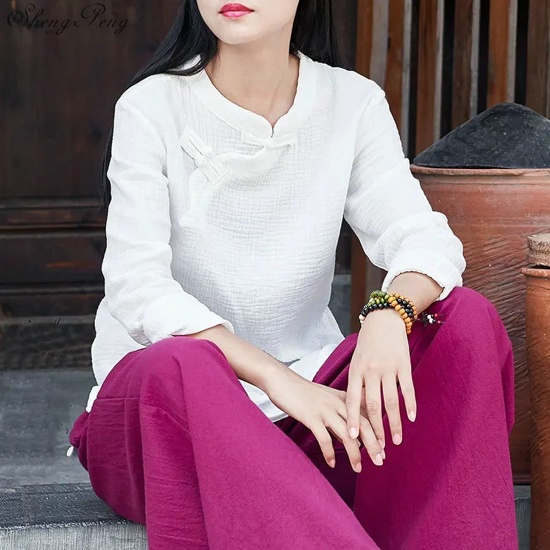 Traditional Chinese shirt long sleeve mandarin collar blouses female zen clothing white cotton linen blouse Q803