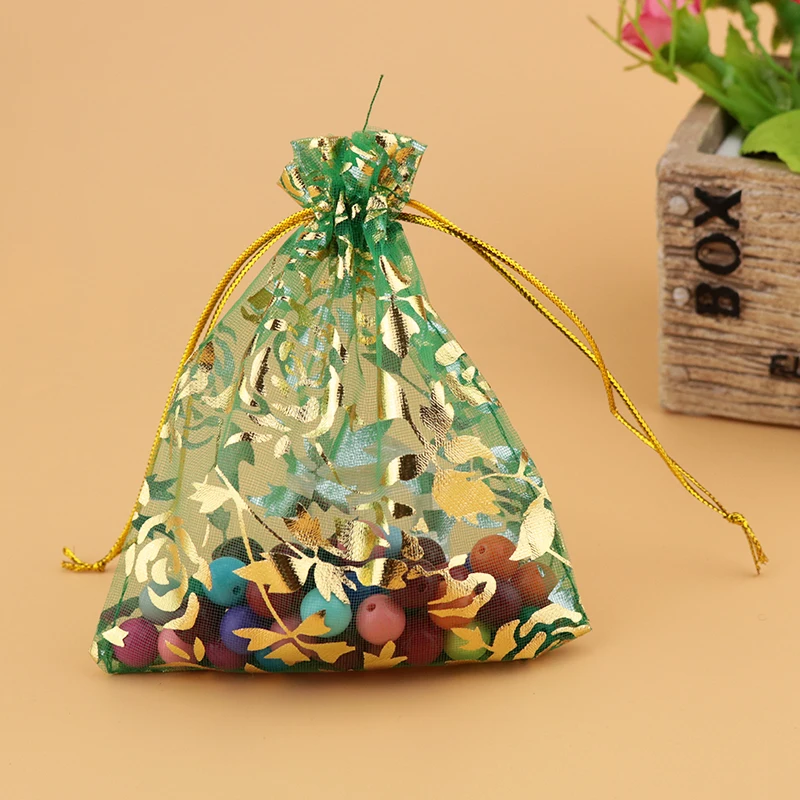 

Wholesale Gold Rose Printed Organza Bag 7x9cm,Wedding Jewelry Packaging Pouches,Nice Gift Bags Green Color 100pcs/lot