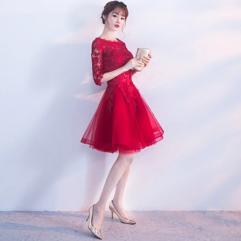 Robe de Soiree ไวน์สีแดงลูกไม้ O-Neck ครึ่งแขน Tulle ชุดราตรี A-Line vestido de Festa ชุดพรหมวันเกิด PARTY ชุด