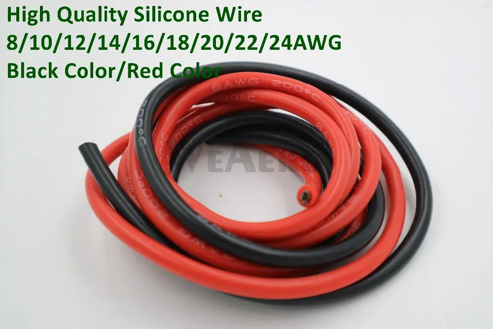 1 Meter Red and 1Meter Black Silicon Wire 8AWG 10AWG 12AWG 14AWG 16AWG 18AWG 22AWG Heatproof Soft Silicone Silica Gel Wire Cable