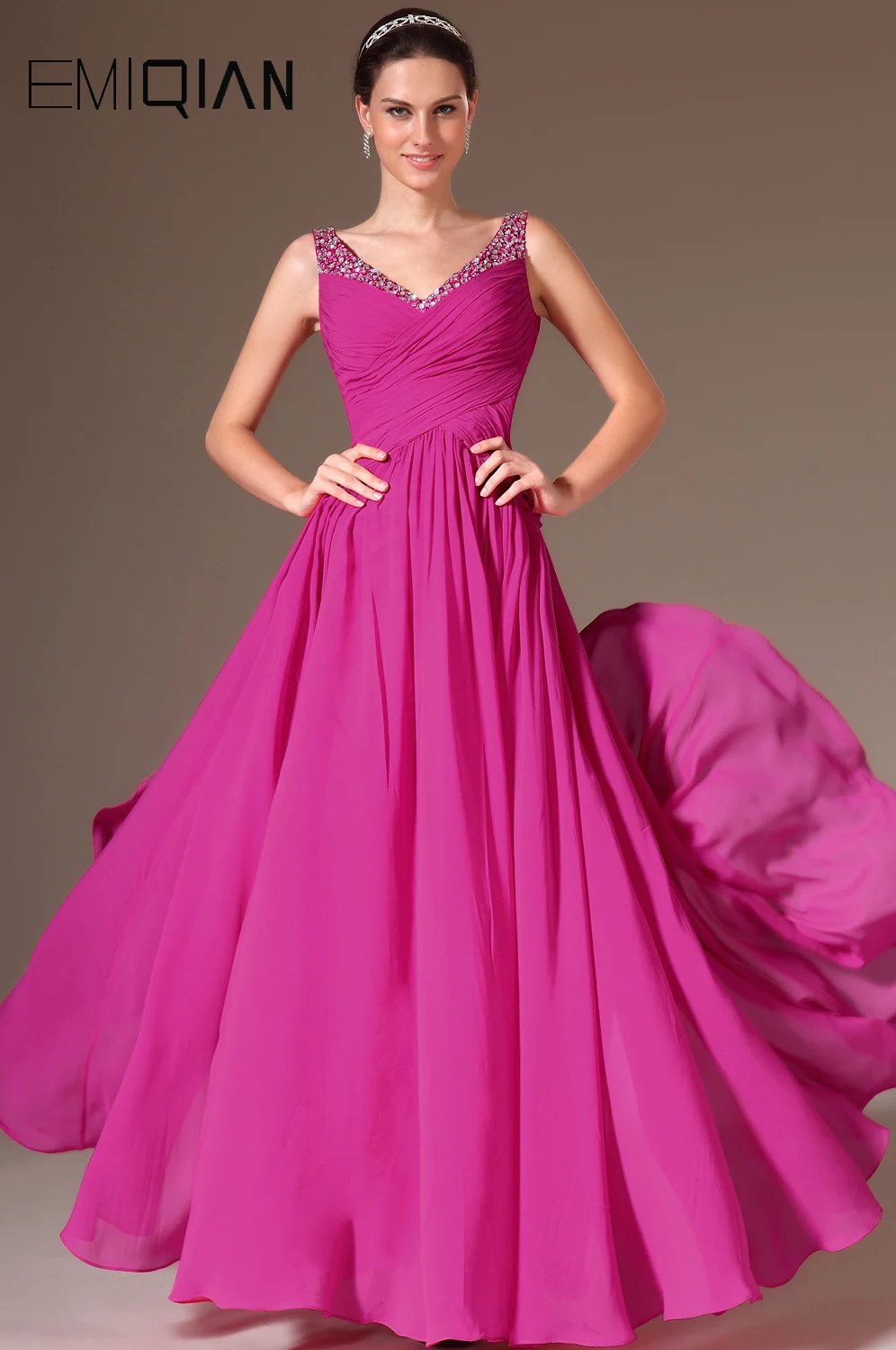 New V Neck Plum Chiffon Evening Gowns Back V Neck Beaded Evening Dresses