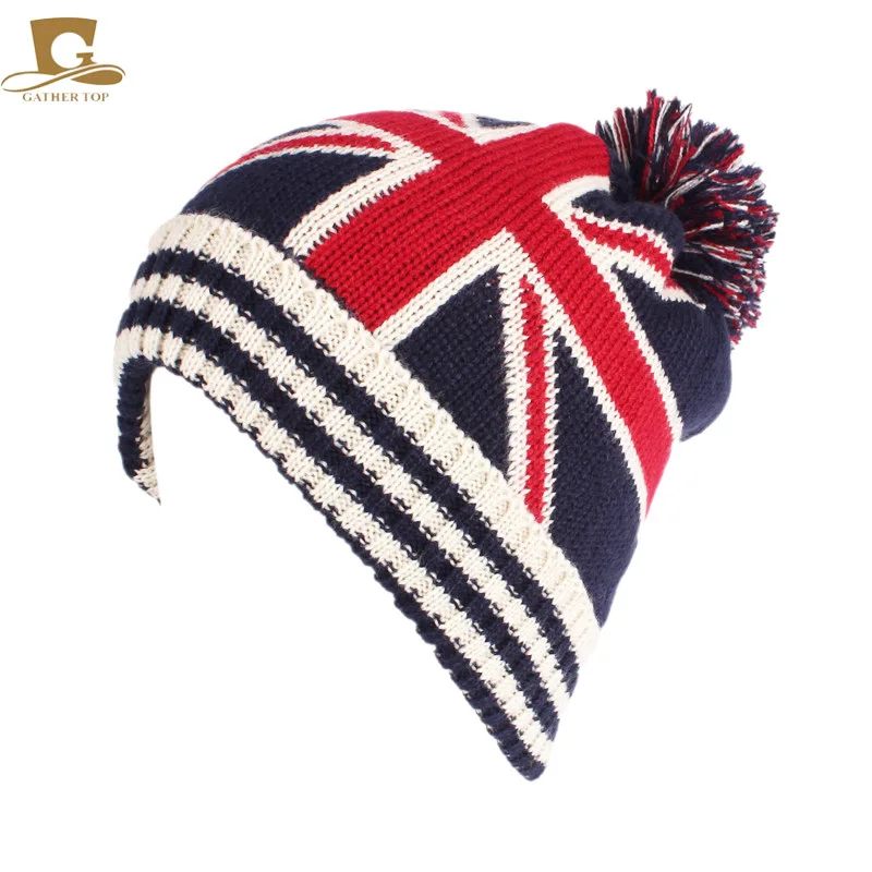 Winter Fur Ball British Flag Knitted Wool Cap TRUMP USA Flag Hat Ear Warmer Cap Crochet Knit Cap Skullies Beanies Warm Caps UK