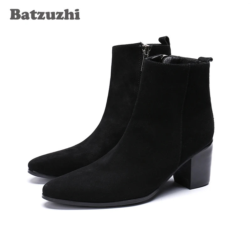 

Batzuzhi 7CM High Heel Men Boots Ankle Black Suede Dress Boots Zip Suit Party & Business Boots Men Fashion Chaussures Hommes, 46