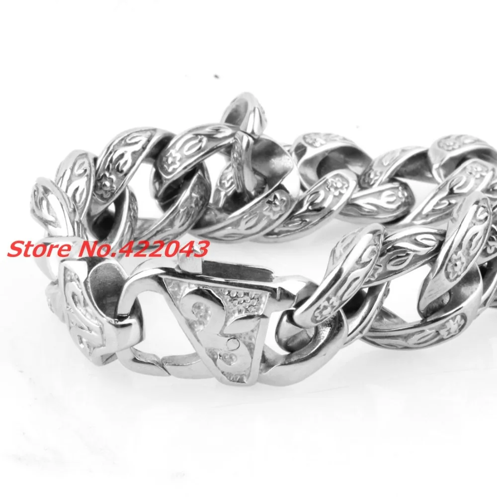 New Fashion Mens Bangles 15mm Solid Gold color  or Silver Stainless Steel Cast Flower Cuban Link Chain Bracelets 9\