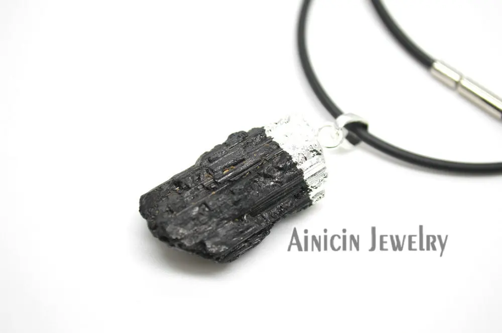 5pc Natural Black Tourmaline Rock Stone Pendant Silver Color Fashion Men and Women 18'' Rubber Chain Necklace Gift