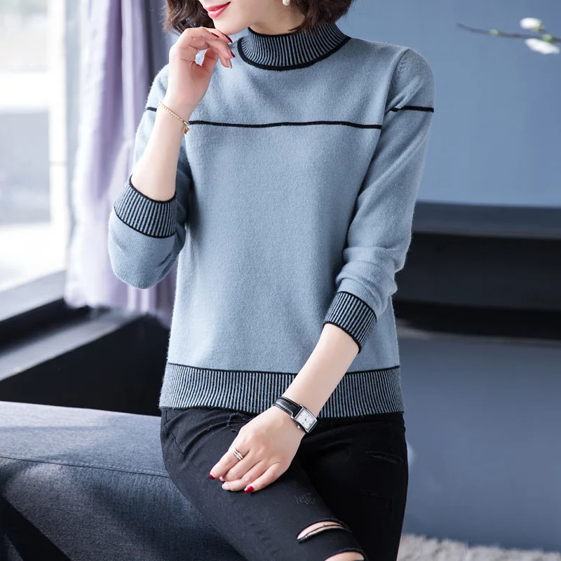 

Women Thickened Half Turtleneck Pullovers Ladies Loose Autumn Winter Warm Jumper Top Female Long Sleeve Stripes Bottom Top H9371