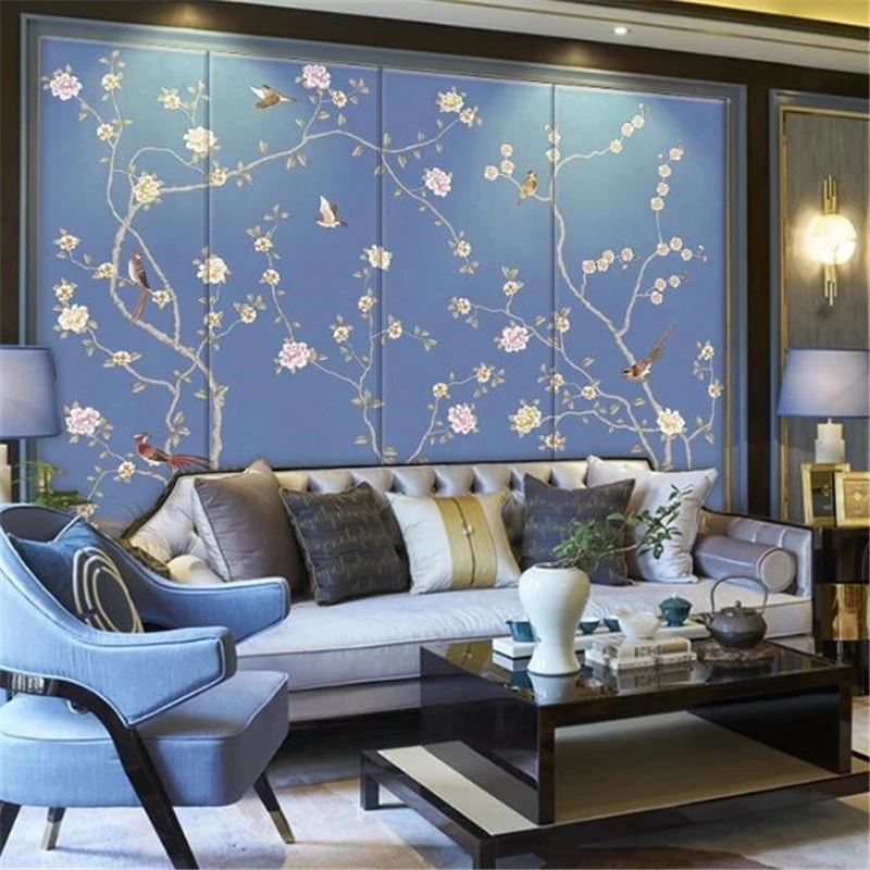 Custom wallpaper 3d murals new Chinese hand-painted pen flower bird peony plum blossoms rich mural sofa TV background wall paper