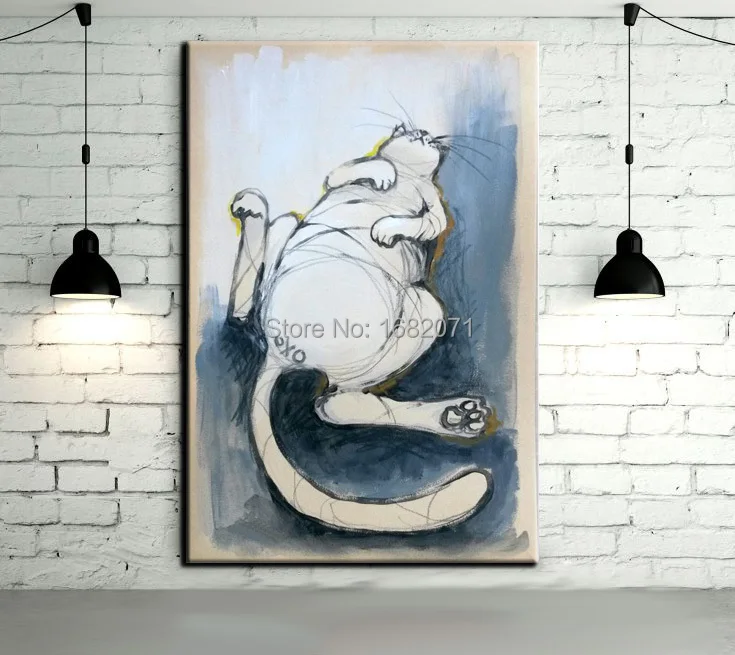 Free Shipping High Quality Funny Animal White Cat Oil Painting On Canvas Modern Decorative Sleeping Cat Painting for Living Room