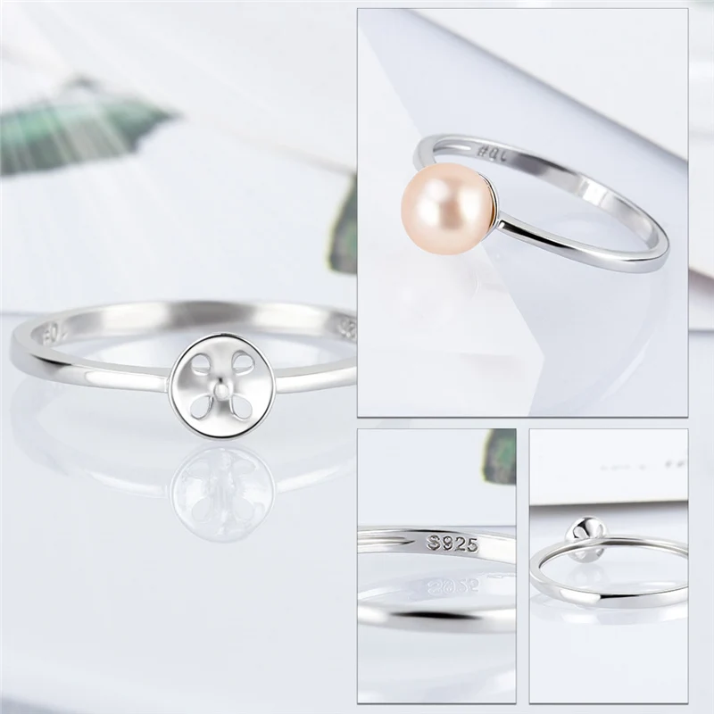 CLUCI 925 Sterling Silver Simple Pearl Ring Mounting for Women Engagement Silver 925 Round Women Rings SR1084SB