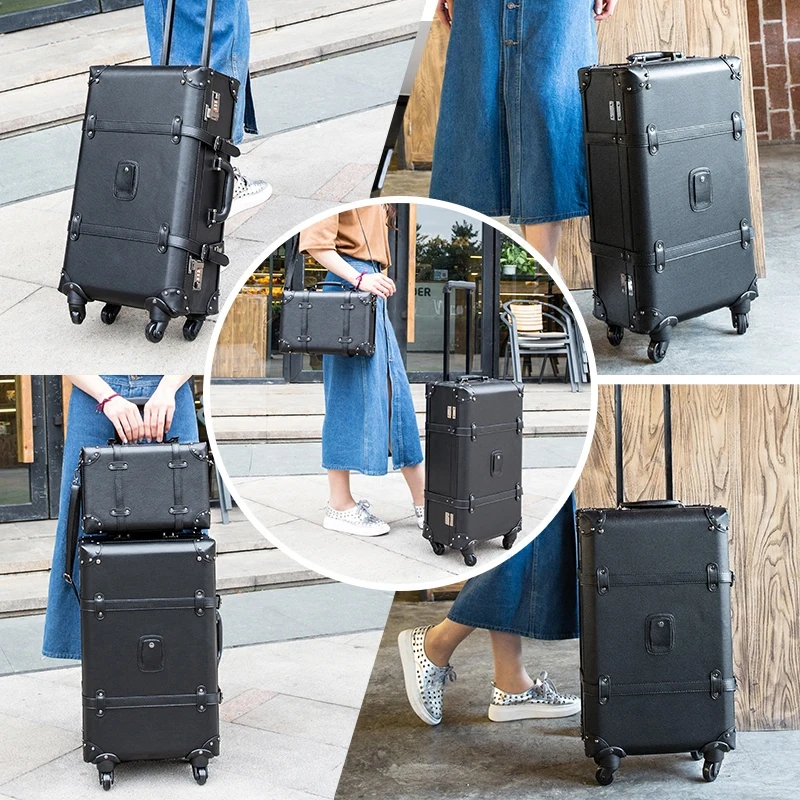 Maleta giratoria de cuero con ruedas para hombre y mujer, bolso de viaje con ruedas, Retro, novedad