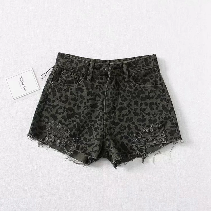 2021 summer jean shorts women summer korean distressed leopard ripped high waist denim shorts feminino high waist shorts jeans