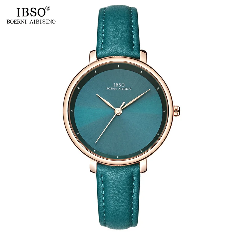 IBSO New Brand Fashion Simple Women Watches 2021 Green Genuine Leather Strap Ladies Quartz Watch Female Waterproof Montre Femme