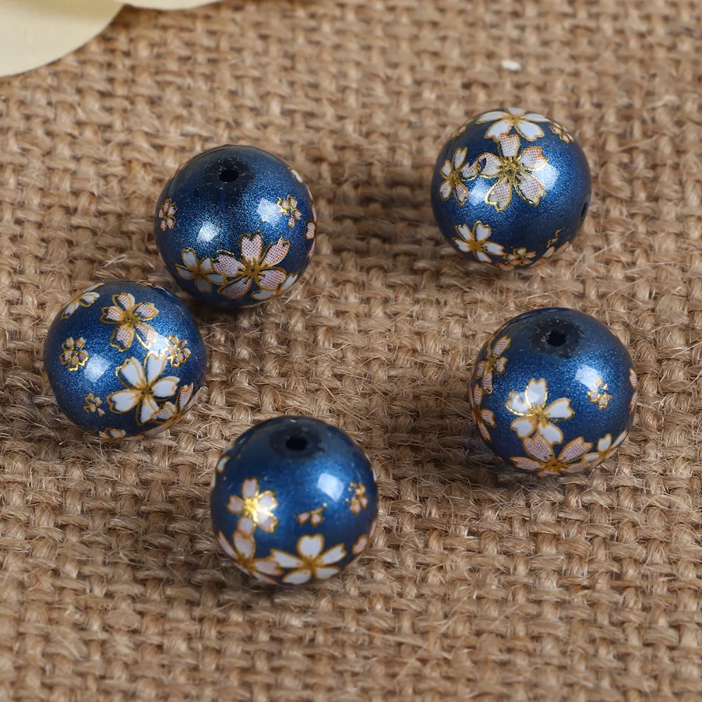DoreenBeads Glass Painting Vintage Japanese Tensha Beads Round Sakura Flower Pattern Imitation Pearl About 12mm( 4/8") Dia 5 pcs