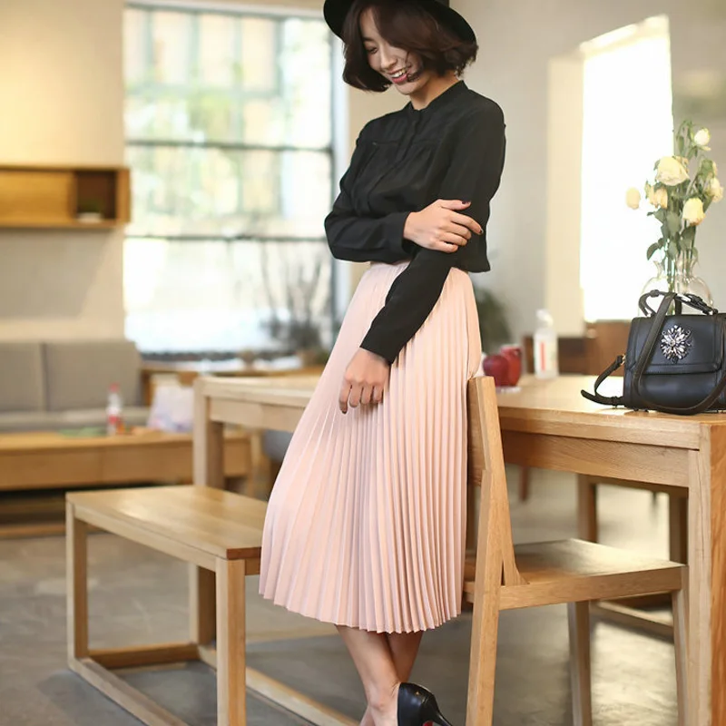 Women Fashion High Waist Pleated Solid Color Ankle Length Skirt All-match chiffon Clothing Lady Casual Stretchy Thicken Skirts