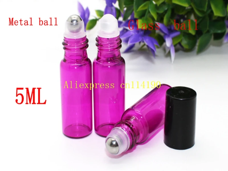 2000pcs/lot Free Shipping Blue /Pink / Green 5ML Thick Glass bottle Roll On Essential Oils Bottle + Metal Or glass Roller Ball