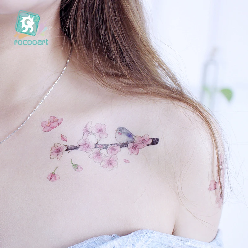 Rocooart Flowers Fake Tattoos Sakura Tattoo Stickers Chest Taty Waterproof Tatoo Cherry Blossom Tatto For Women Tattoo Body Art