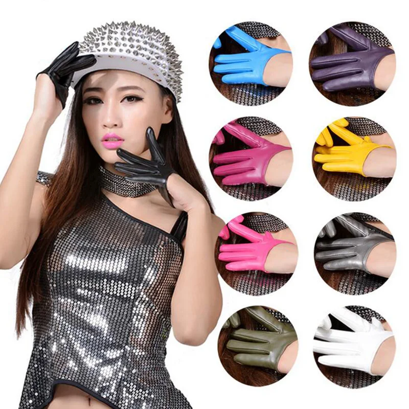 Men\'s women\'s fashion nightclub show half palm PU leather gloves couple models multi-color punk gloves L63