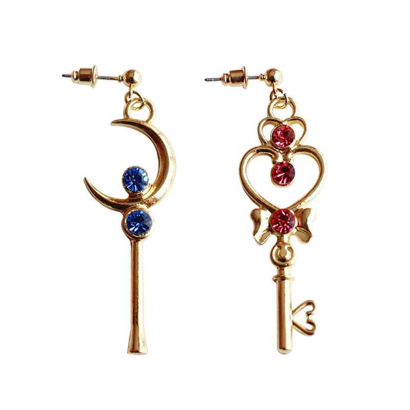 Drop shipping One Pair Gold Color with Blue Red Crystal Key Shaped Star Moon Dangle Earrings