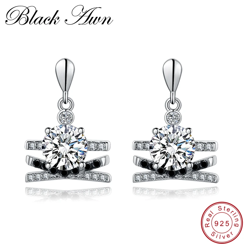 

[BLACK AWN] 3.9g 925 Sterling Silver Fine Jewelry Trendy Black Spinel Engagement Earrings for Women Female Wedding Earrings T155