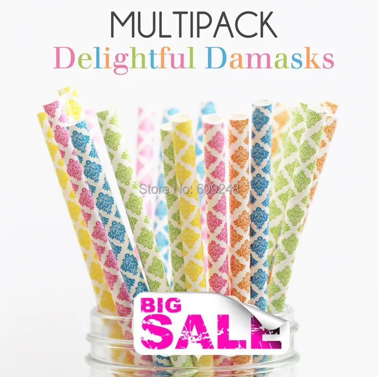 125 Pcs Mix Colors DELIGHTFUL DAMASKS Paper Straws,Yellow,Blue,Lime,Orange,Hot Pink Damask Summer Birthday Party Drinking Straw