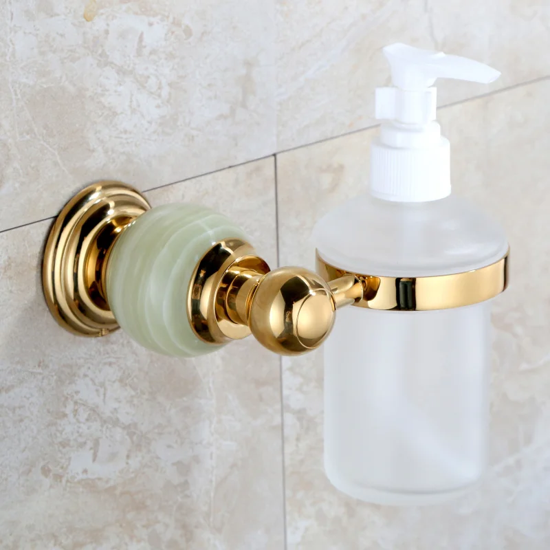 Luxury brass jade Wall Mounted Liquid Soap Dispenser With Gold Finish+Frosted Glass Container/bottle Bathroom products