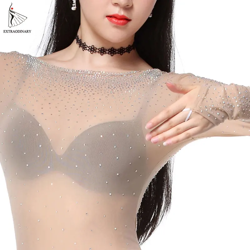 Women Long Sleeves Tops Bottoming Shirt Leotard Drilling Hot Accessories Belly Dancing Sexy Top Dancewear Practice Clothes