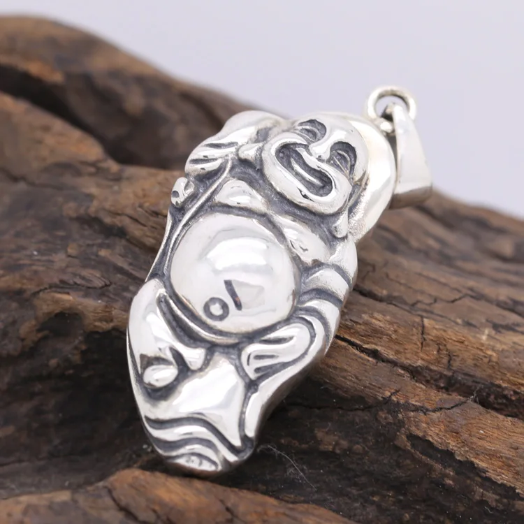 Handcrafted 925 Silver Tibetan Laughing Buddha Pendant vintage sterling silver Happy Buddha Pendant Lucky Amulet