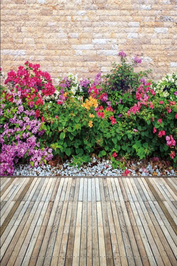 Laeacco Photo Backgrounds Spring Colorful Flower Floret Vines Brick Wall Wooden Floor Baby Photography Backdrops Photo Studio