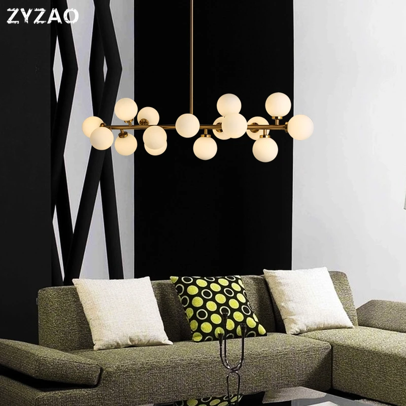 Prostota w stylu nordyckim żyrandol do salonu światła osobowość twórcza cząsteczki szklane kulki wisiorek Led lampa Home Decor długa rura Hanglamp