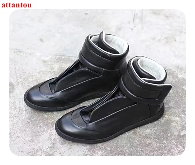 

Men's Casual Shoes hot sale men black shoes glazed leather flats street fashion hook&loop high top male trainers dress shoes