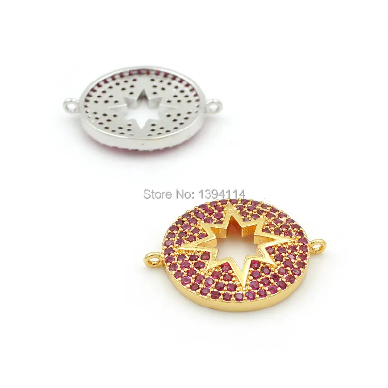 25*20*3mm Micro Pave Red CZ Round Connector With Hollow Octagram Fit For Women As DIY Bracelets Accessory